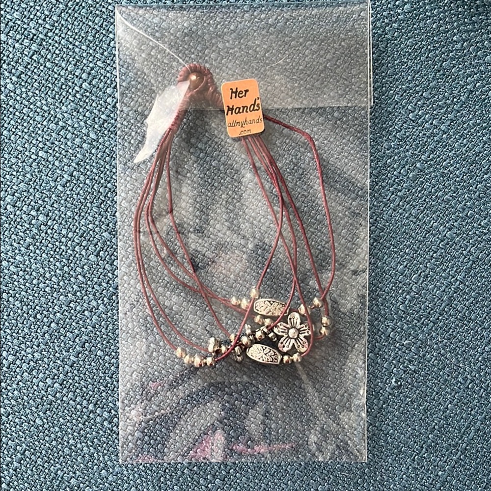 Beaded Bracelet Silver Flowers Burgundy Cord
